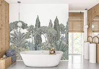 Greenery-rich mural of a tropical jungle scene in a bathroom.
