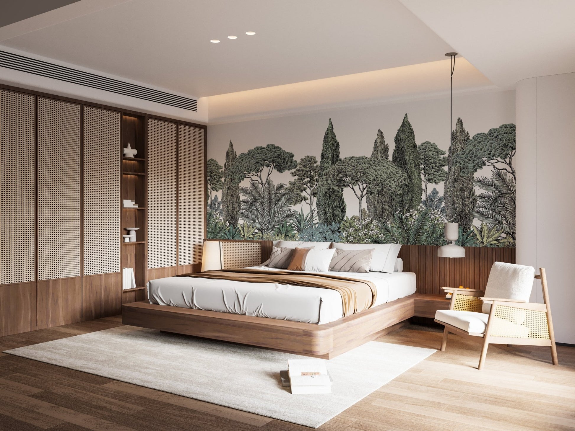 Vibrant tropical jungle wall mural with greenery in a bedroom