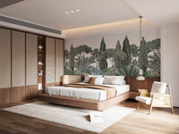 Vibrant tropical jungle wall mural with greenery in a bedroom