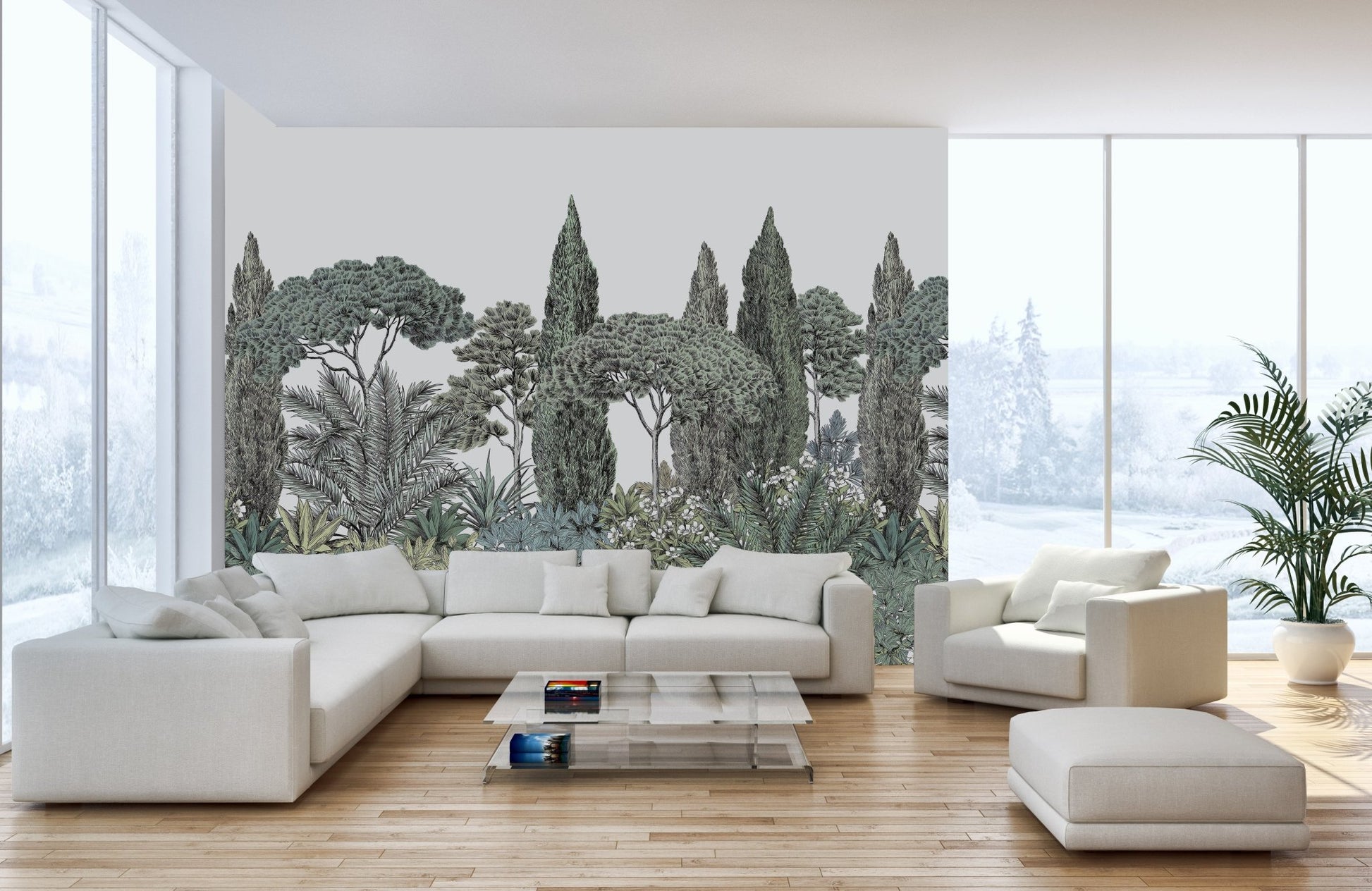Lush jungle wallpaper featuring vibrant greenery in a living area.