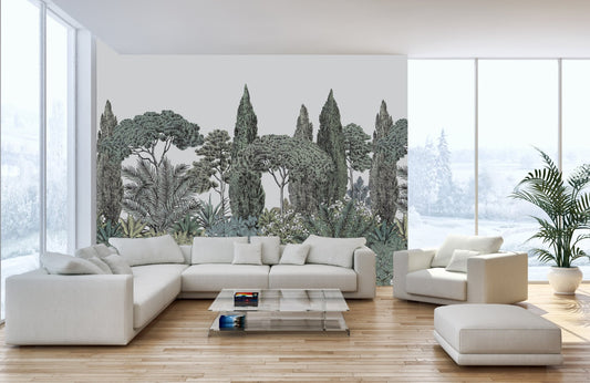 Lush jungle wallpaper featuring vibrant greenery in a living area.
