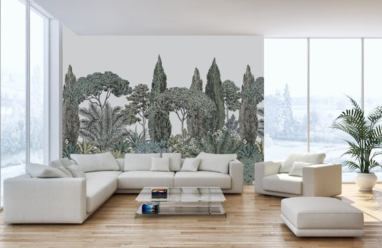 Lush jungle wallpaper featuring vibrant greenery in a living area.