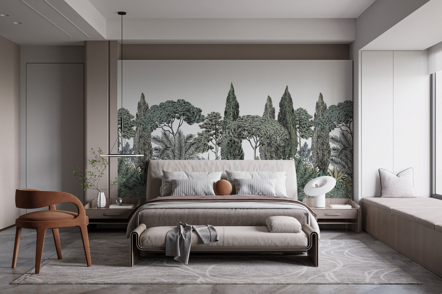 Exotic mural featuring lush tropical greenery in a contemporary bedroom.