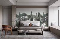 Exotic mural featuring lush tropical greenery in a contemporary bedroom.