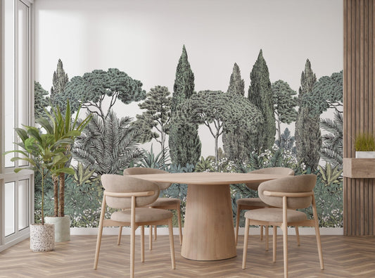 Exotic greenery mural with tropical jungle vibes in a dining area