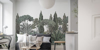 Greenery-filled jungle wall mural for a minimalist living room.
