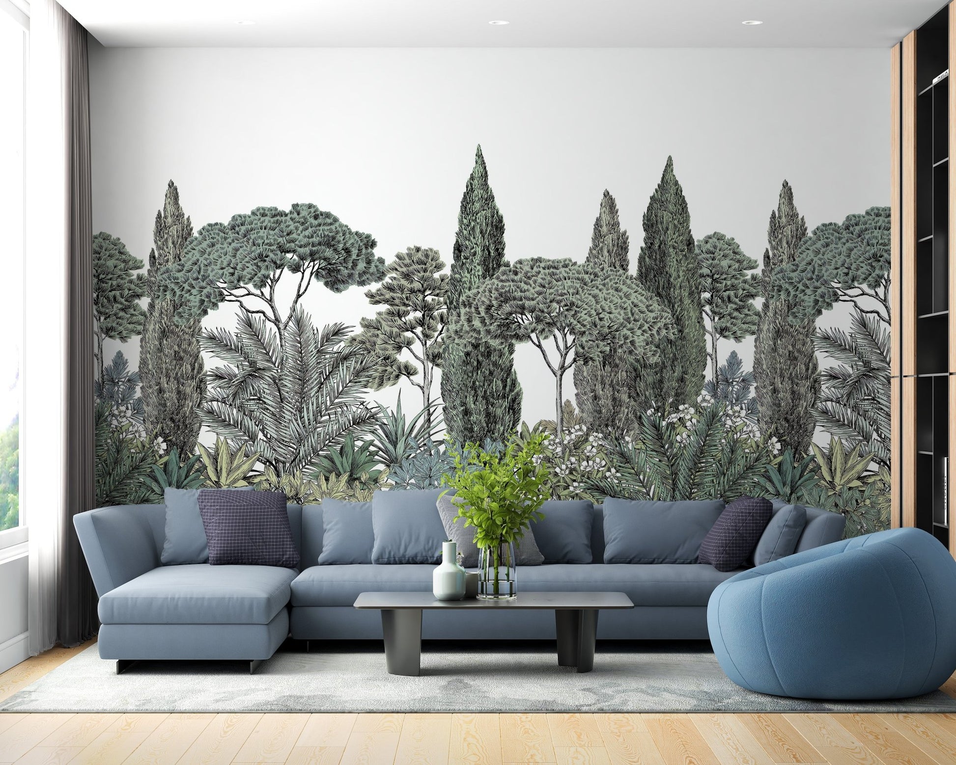 Tropical wall mural with dense green jungle vibes in a living room.