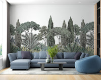 Tropical wall mural with dense green jungle vibes in a living room.