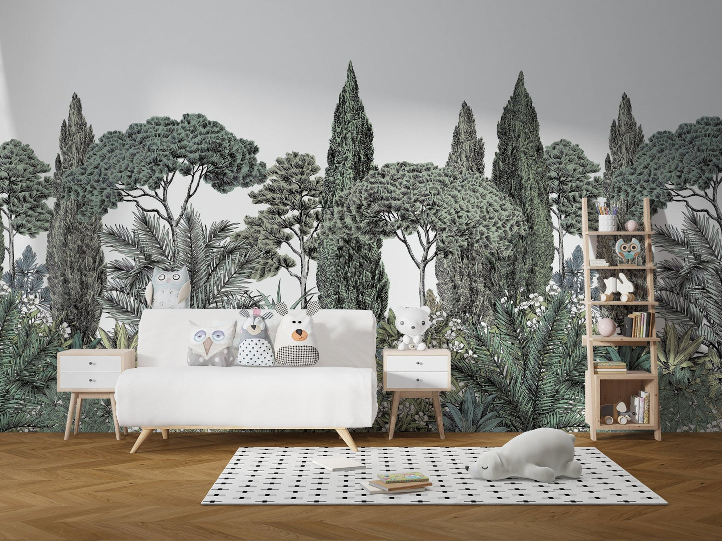 Tropical mural showcasing exotic green foliage in modern kids room.