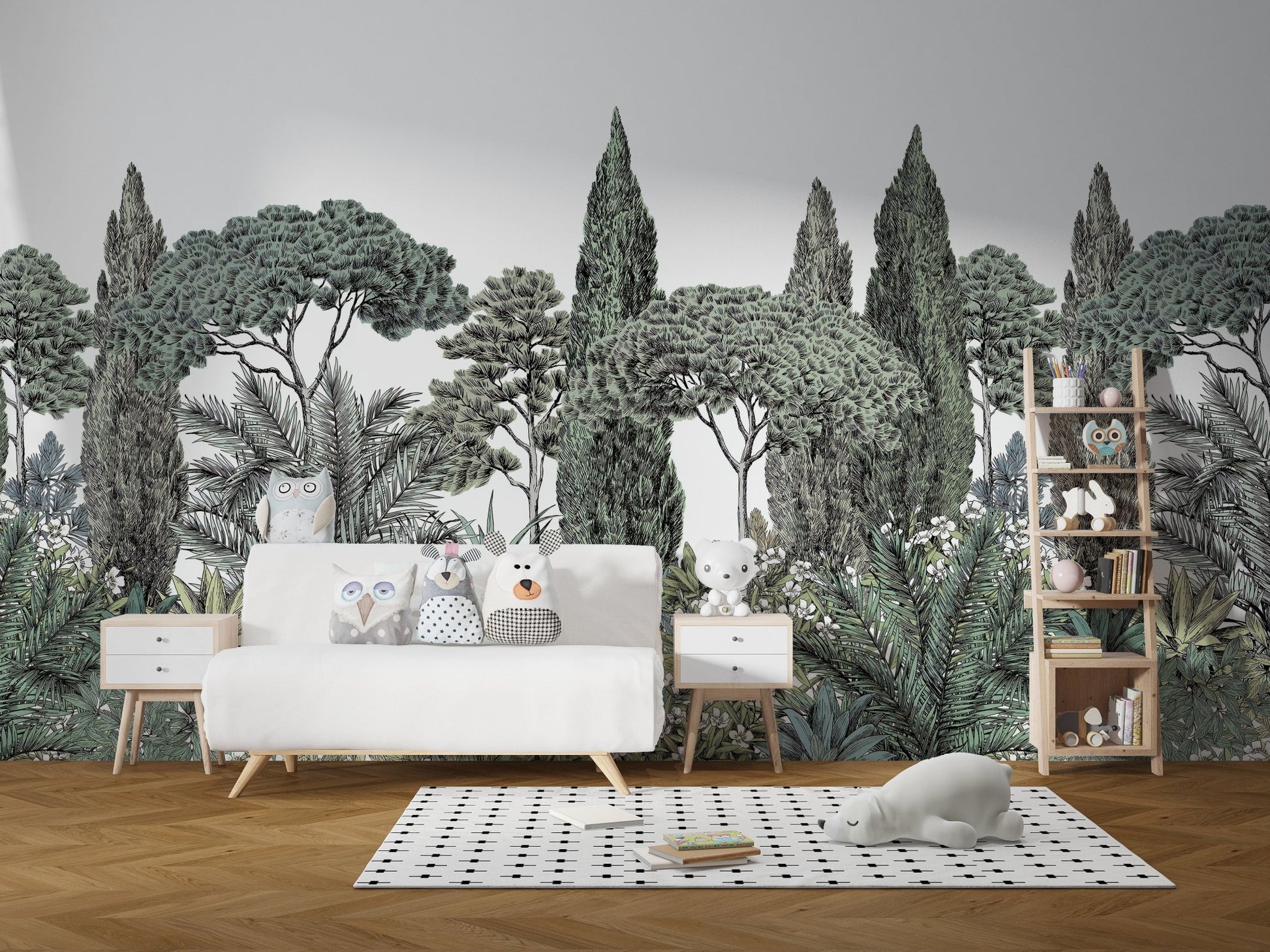 Tropical mural showcasing exotic green foliage in modern kids room.