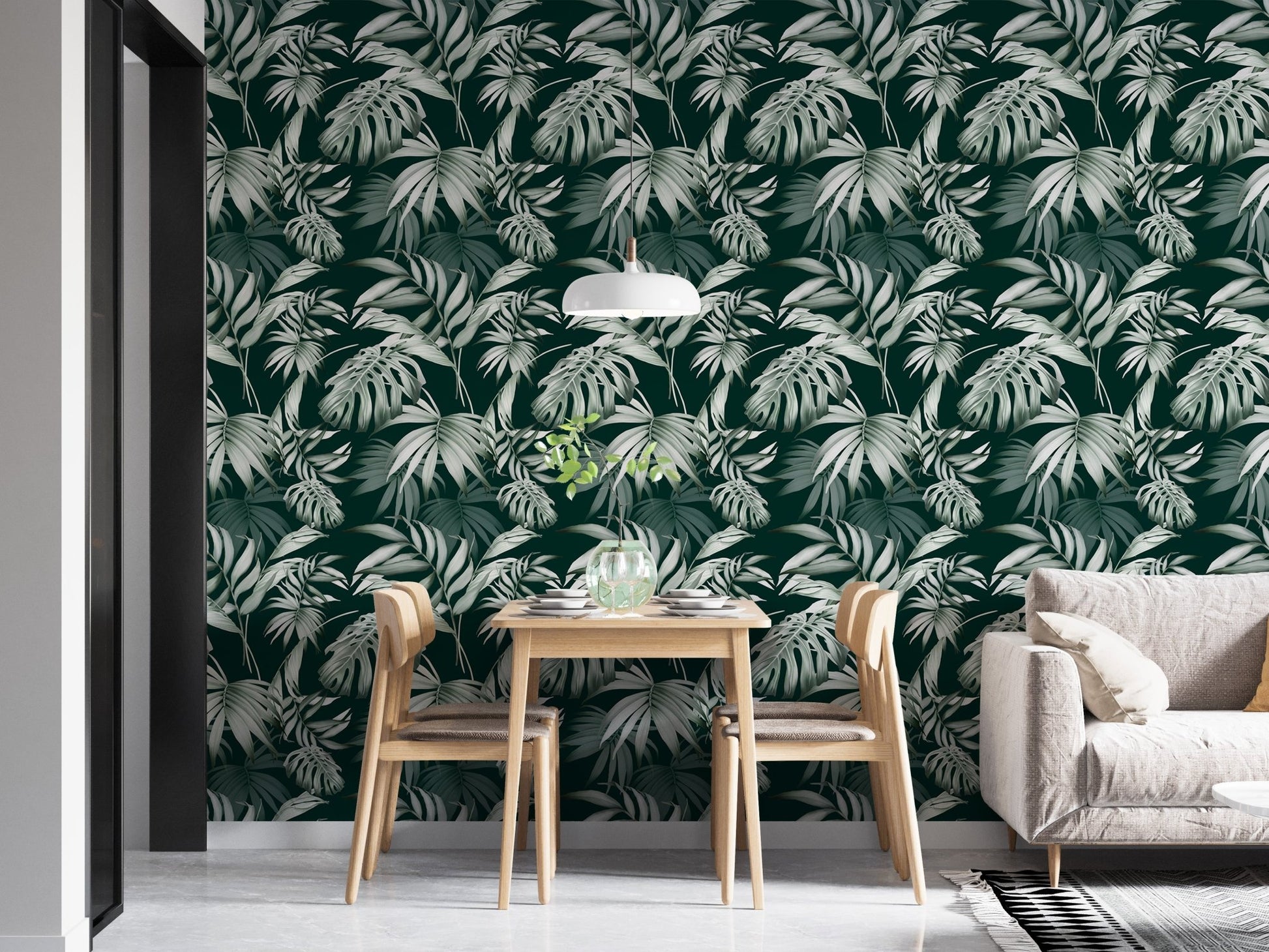 Exotic Jungle Tropical Green Leaves Repeat Wallpaper in a dining room with oak chairs.