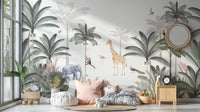Soft color jungle wall mural with palm leaves and wildlife.