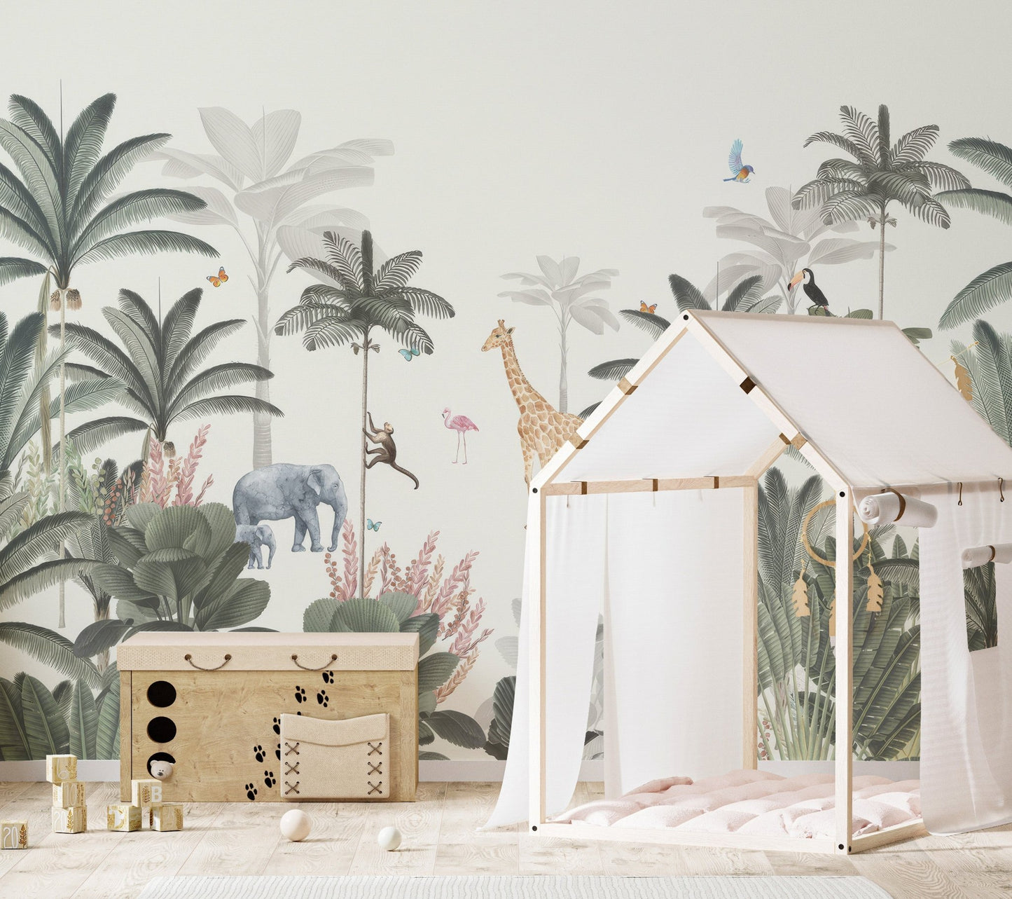 Exotic jungle wallpaper mural featuring palms and birds.
