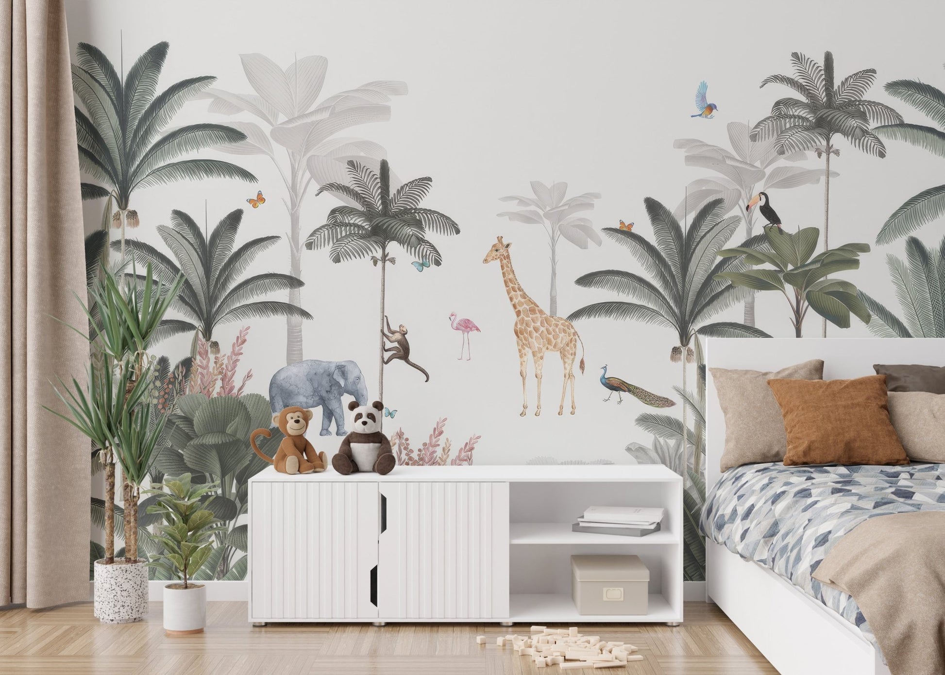 Green jungle wallpaper with soft pastel safari wildlife pattern.