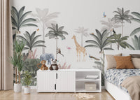 Green jungle wallpaper with soft pastel safari wildlife pattern.