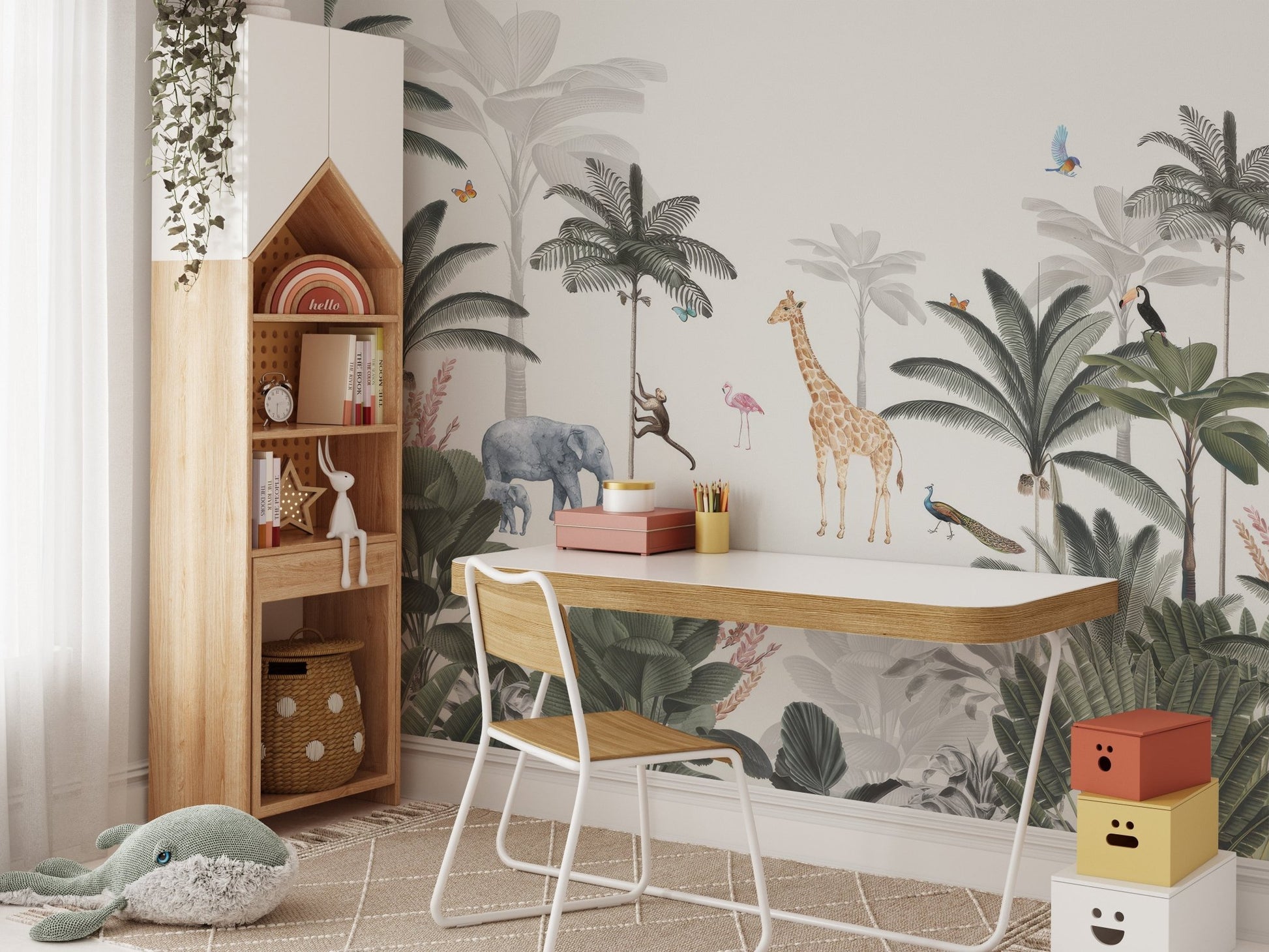 Tropical animal wallpaper mural with giraffe and elephant design.