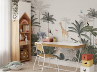 Tropical animal wallpaper mural with giraffe and elephant design.