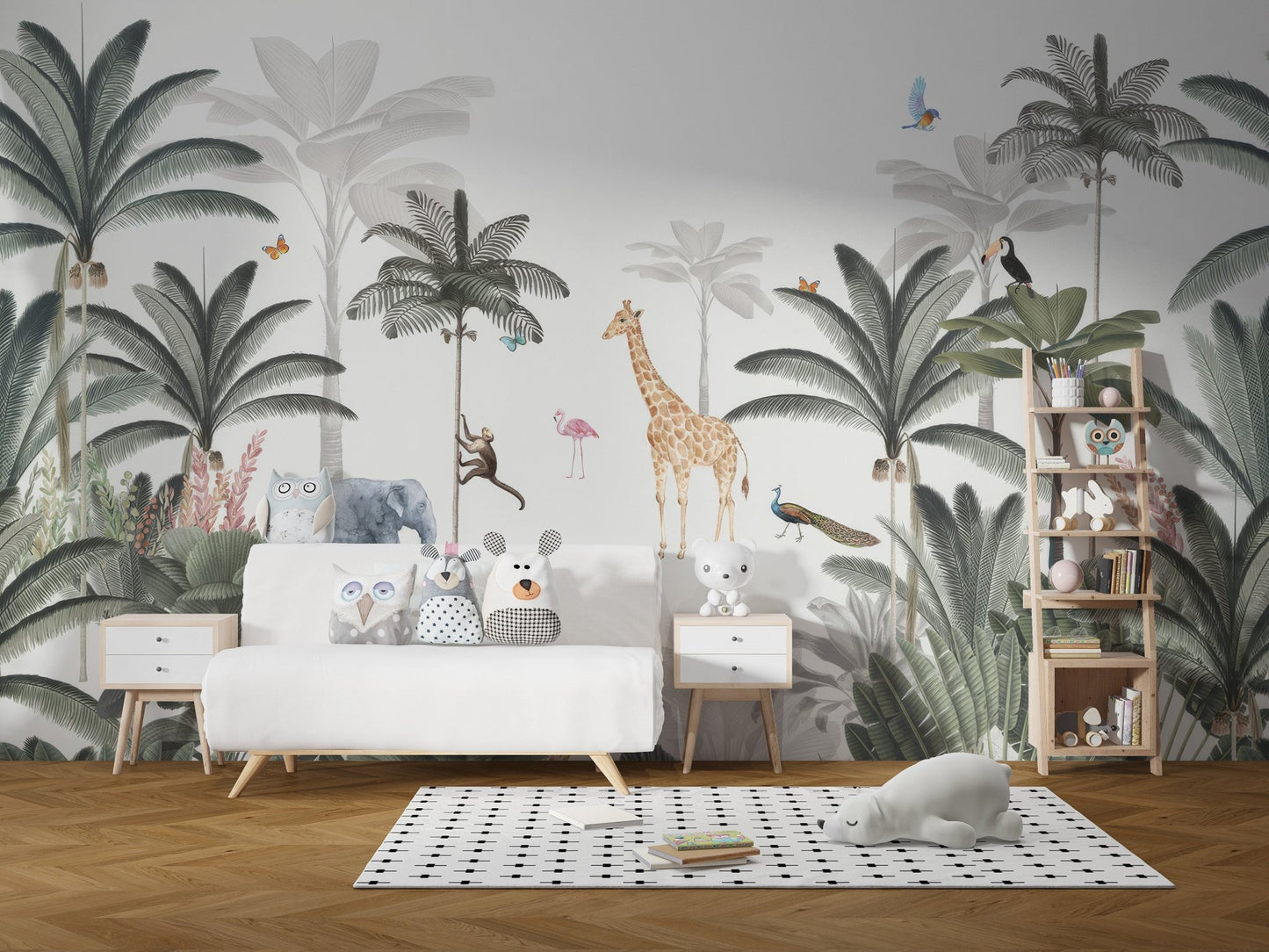 Pastel jungle wall mural with layered leaves and birds.