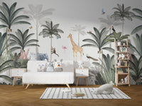 Pastel jungle wall mural with layered leaves and birds.