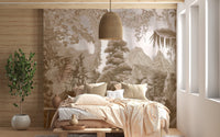 Sepia jungle wall mural with palm trees and mountain backdrop.