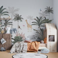 Tropical forest wallpaper mural with giraffe and elephant scene.