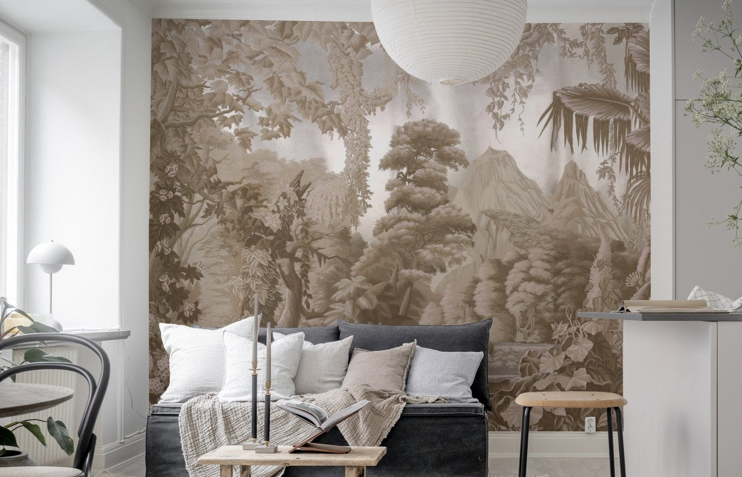 Sepia exotic jungle wall mural with river and dense greenery.