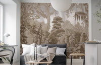Sepia exotic jungle wall mural with river and dense greenery.