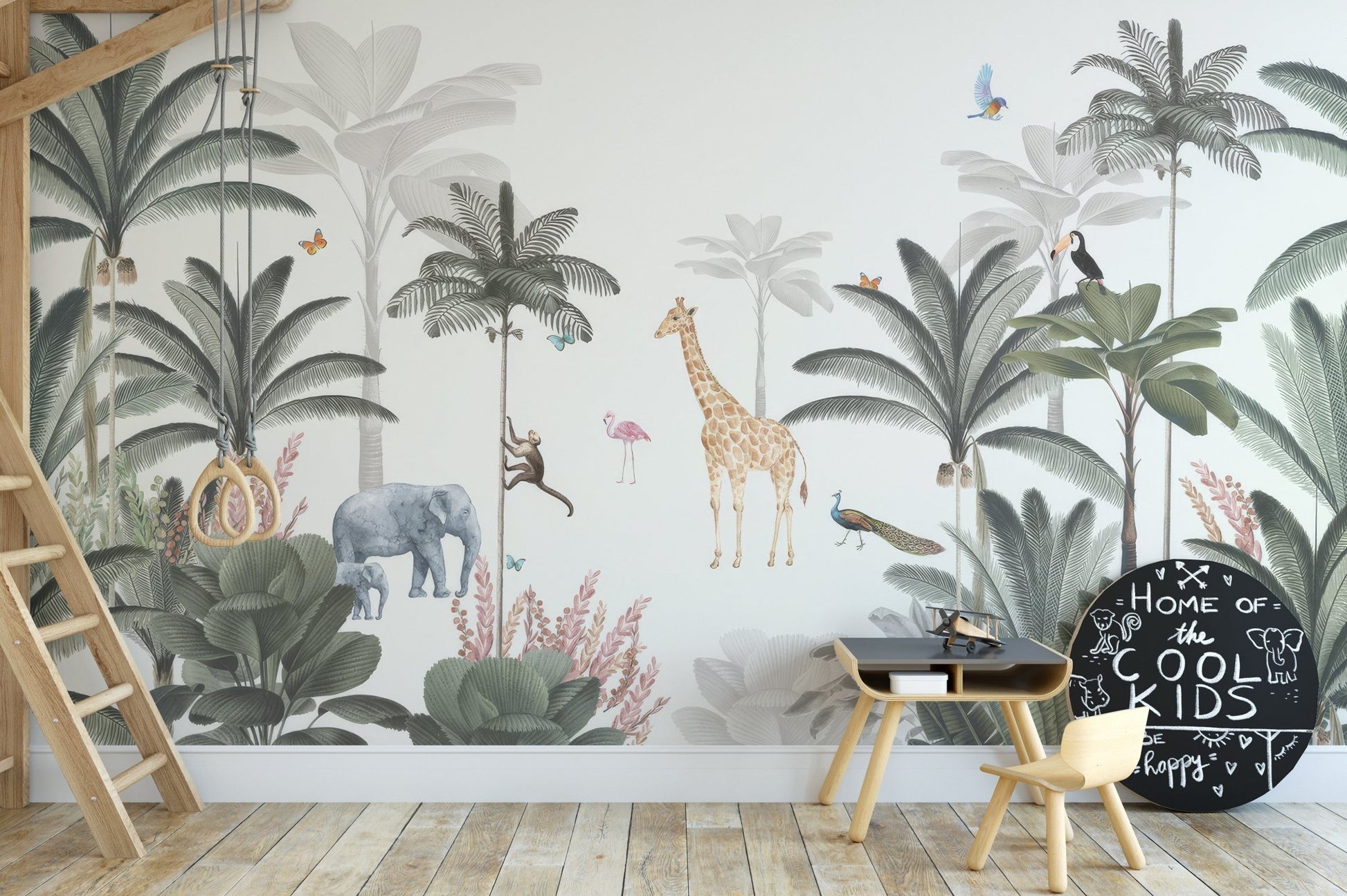 Exotic jungle wallpaper mural with palm trees and safari animals.