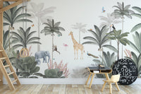 Exotic jungle wallpaper mural with palm trees and safari animals.
