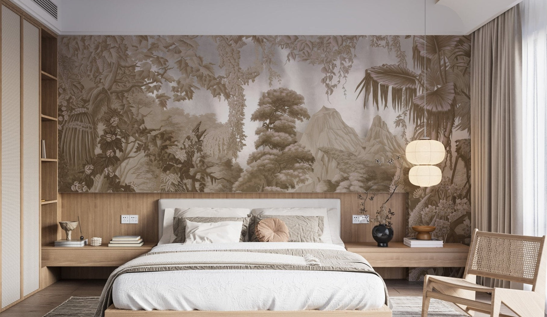 Artistic exotic forest wall mural in muted earth color.