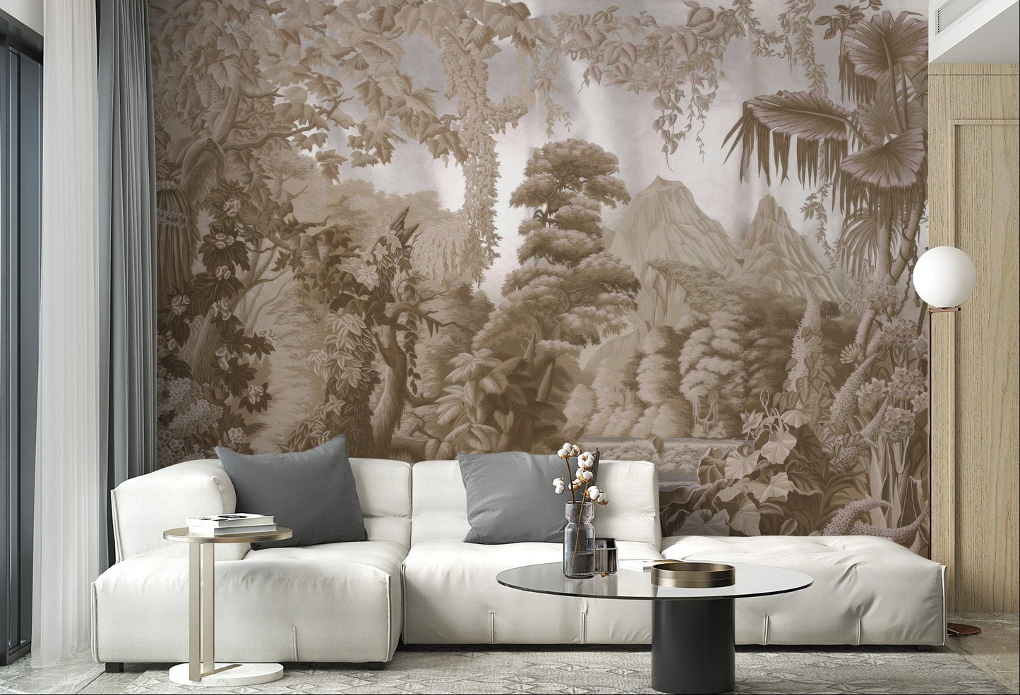 Nature inspired exotic jungle wall mural in neutral color theme.