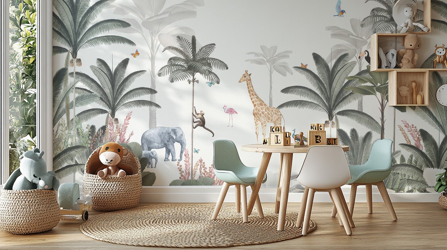 Safari theme wall mural with monkey, peacock and flamingo.