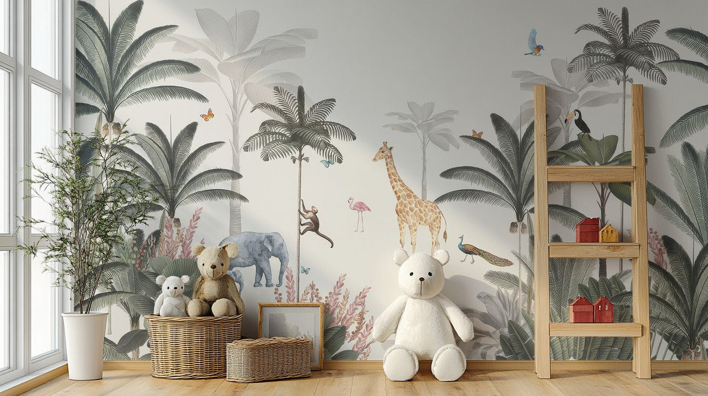 Neutral jungle wallpaper mural with layered tropical foliage.