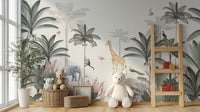Neutral jungle wallpaper mural with layered tropical foliage.