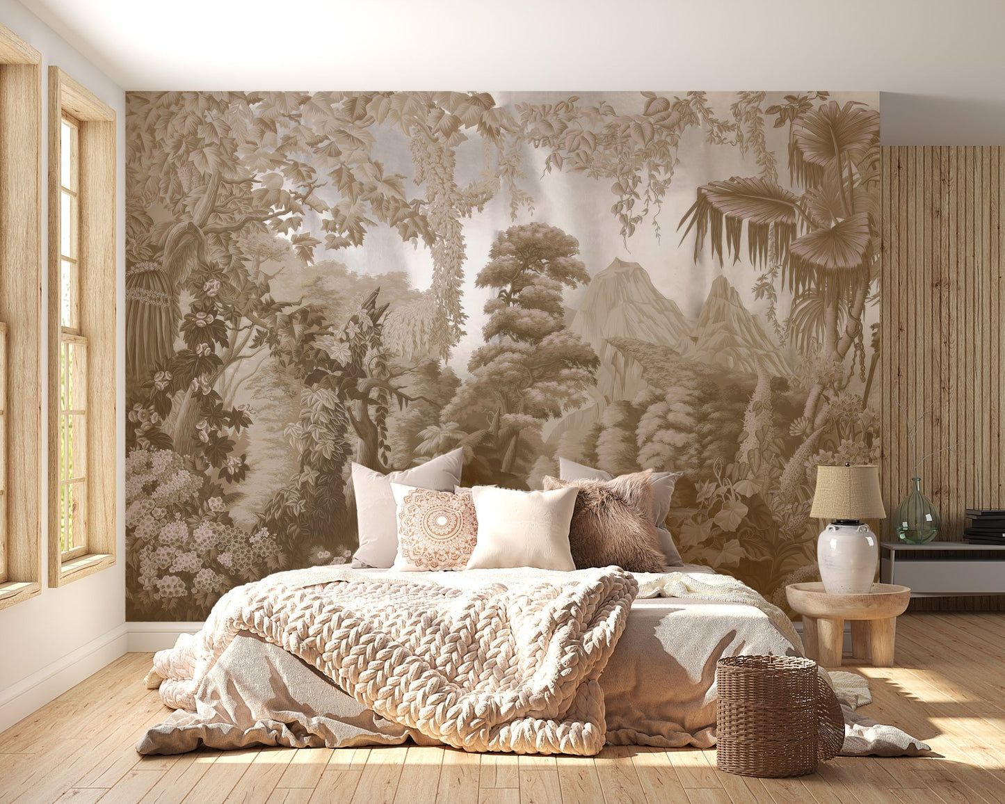 Exotic jungle wallpaper mural in sepia tropical forest landscape.