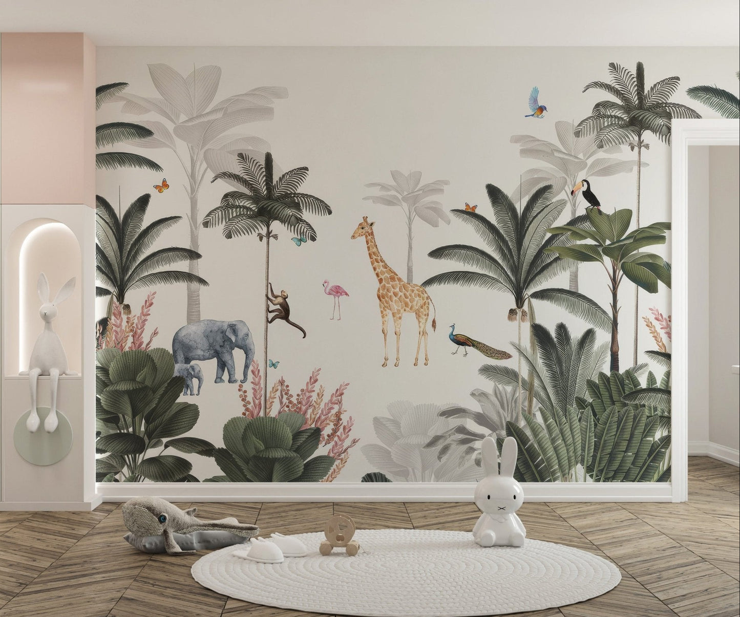 Exotic wildlife safari wallpaper mural with botanical pattern.