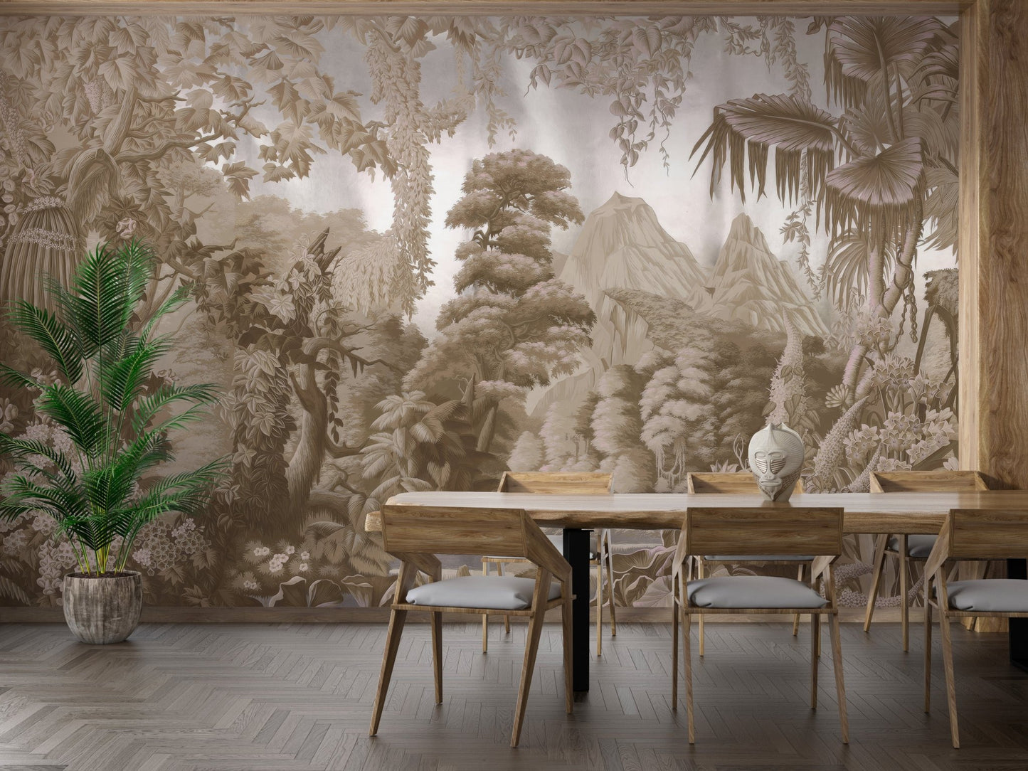 Classic jungle landscape wallpaper mural in modern decor style.