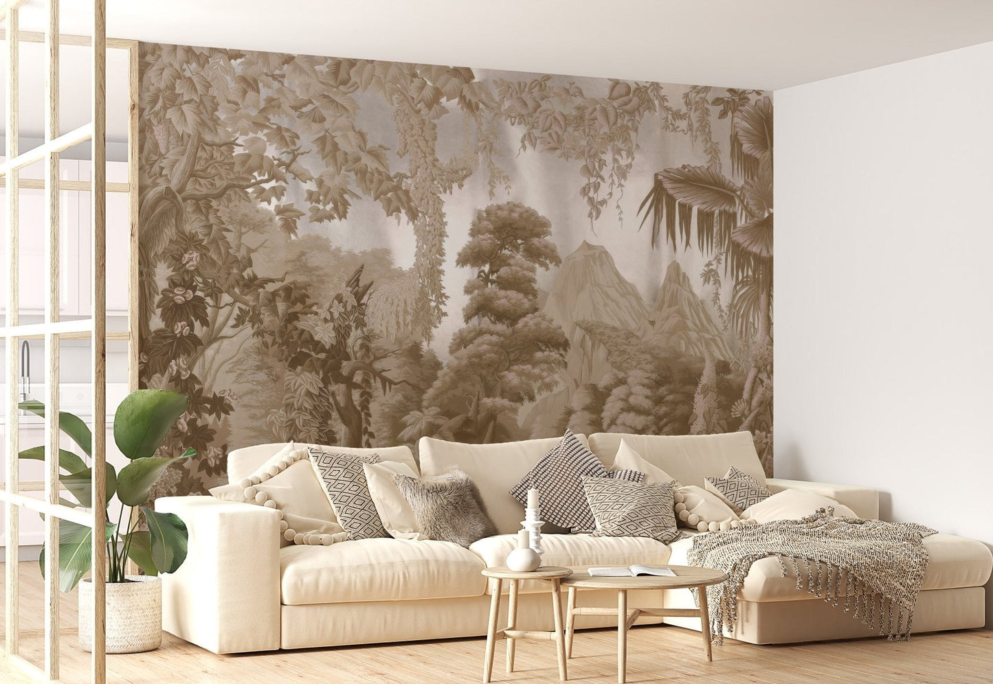Detailed jungle wallpaper mural with layered foliage design.