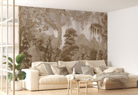 Detailed jungle wallpaper mural with layered foliage design.