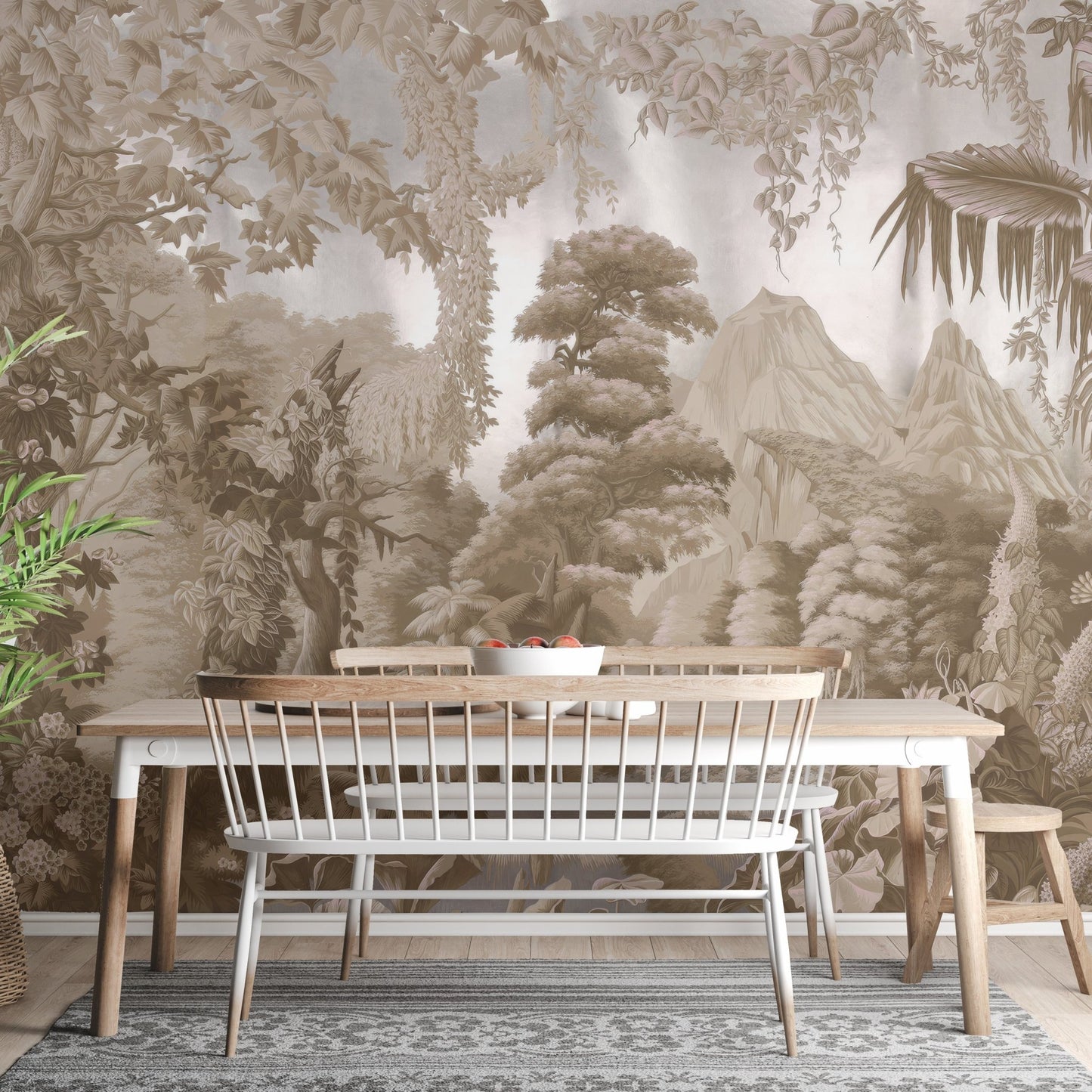Vintage jungle wallpaper mural with river and layered foliage.