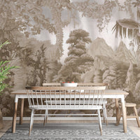 Vintage jungle wallpaper mural with river and layered foliage.