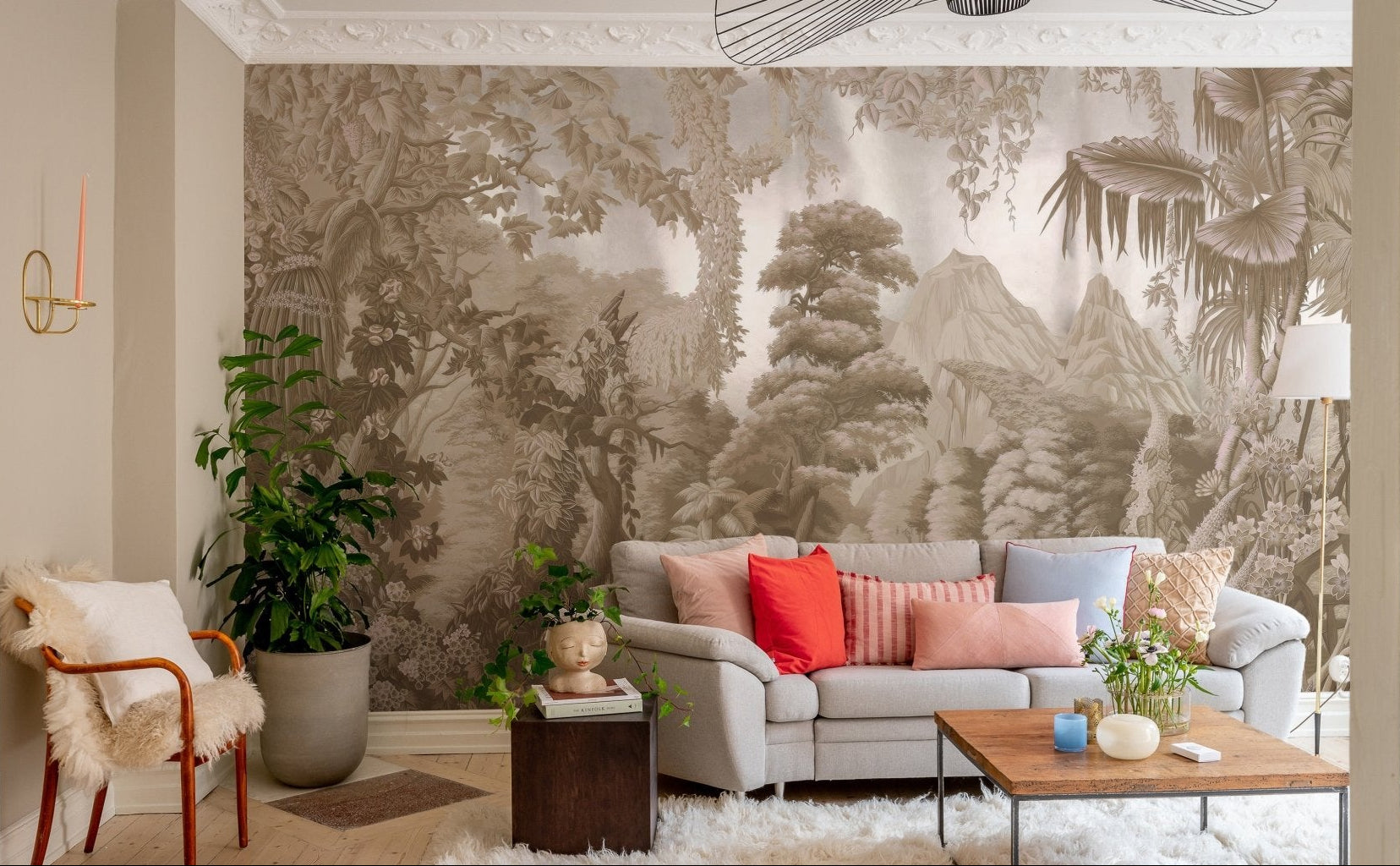 Tropical forest wallpaper mural in warm beige color palette.