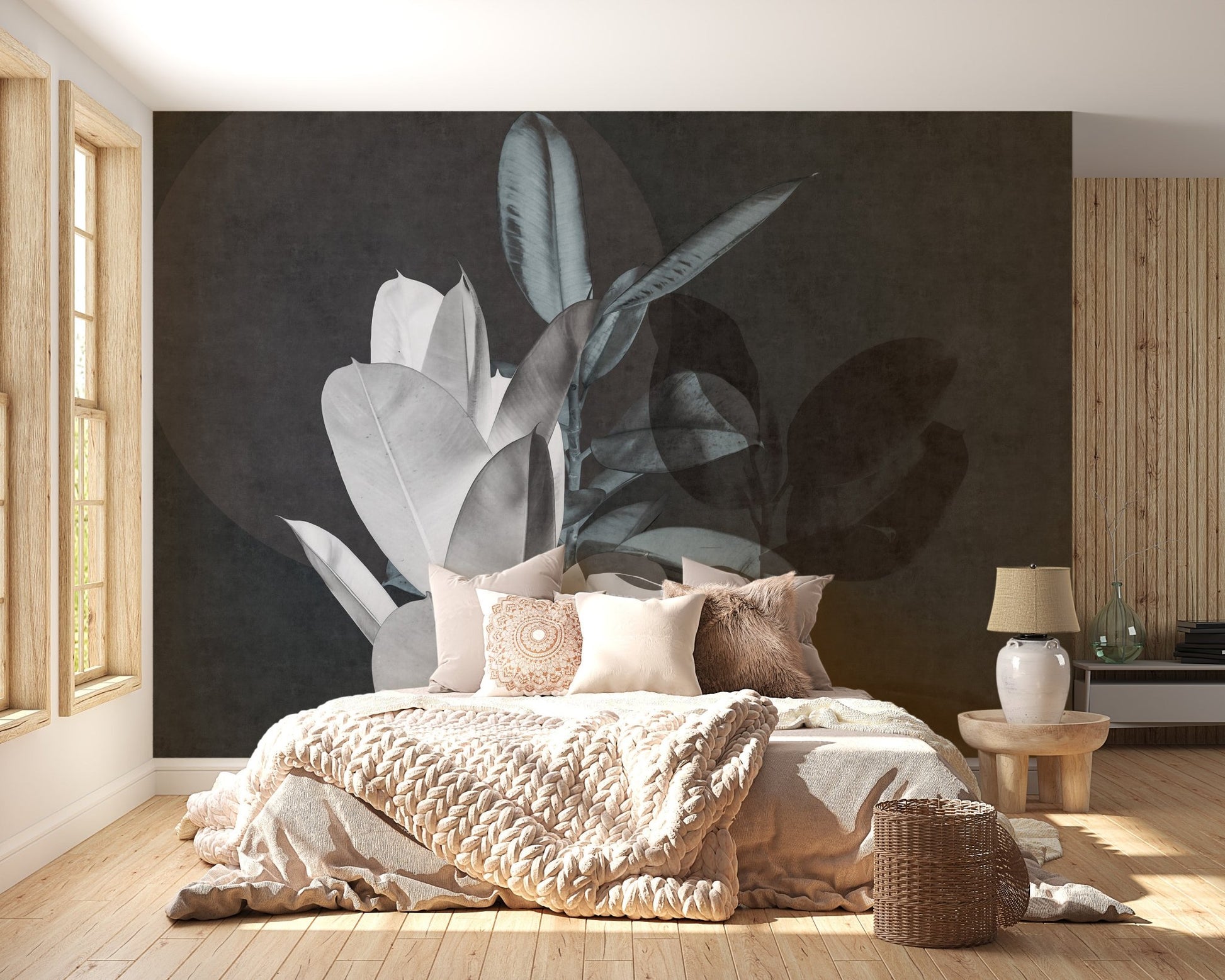 Bright bedroom with beige bedding and exotic leaf wall mural.