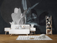 Minimalist kids area with white furniture and abstract leaf art wall mural