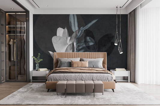 Modern bedroom with brown bed and Exotic Leaf Texture Art Wall Mural.