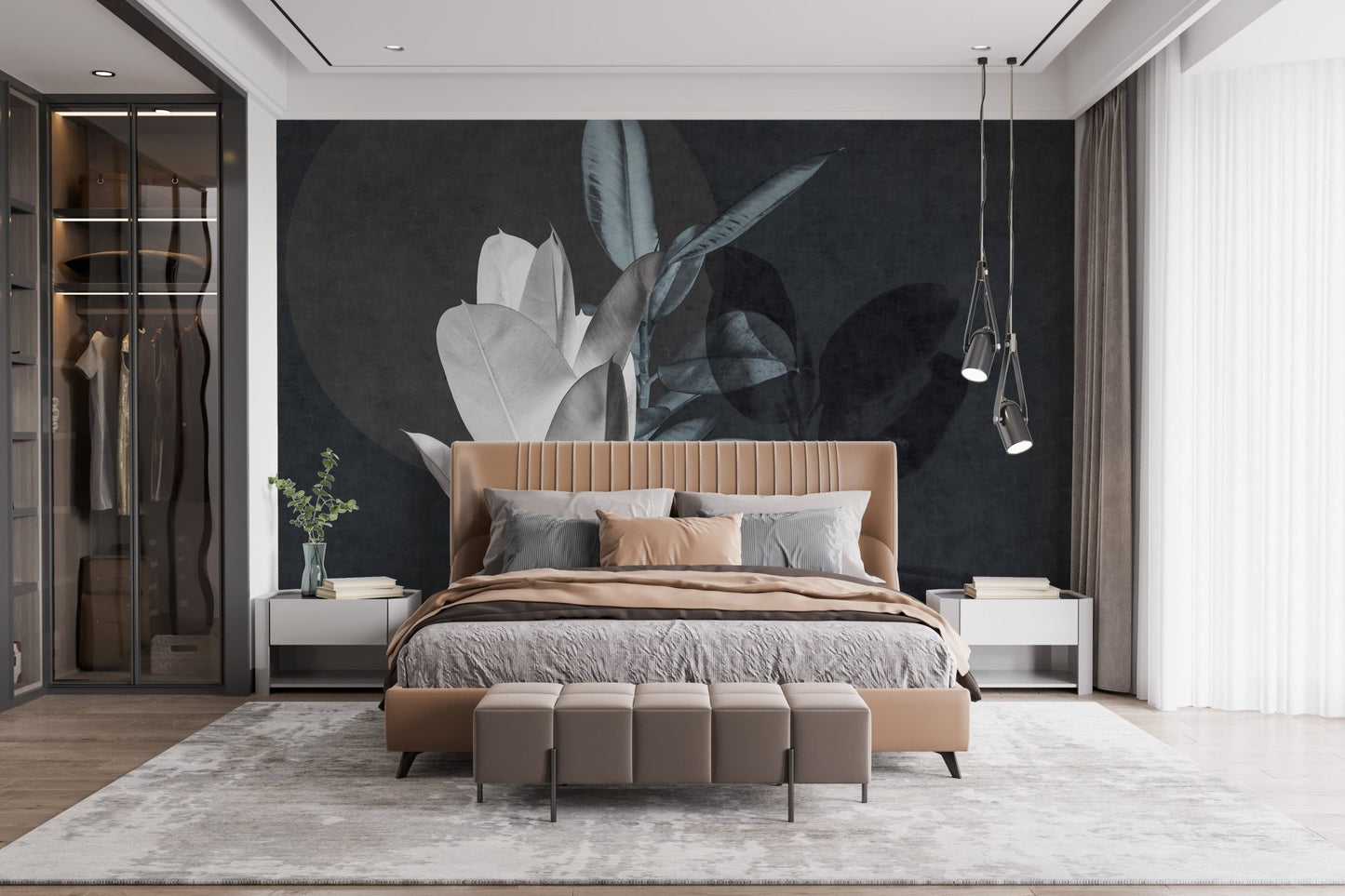 Modern bedroom with brown bed and Exotic Leaf Texture Art Wall Mural.