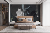 Modern bedroom with brown bed and Exotic Leaf Texture Art Wall Mural.
