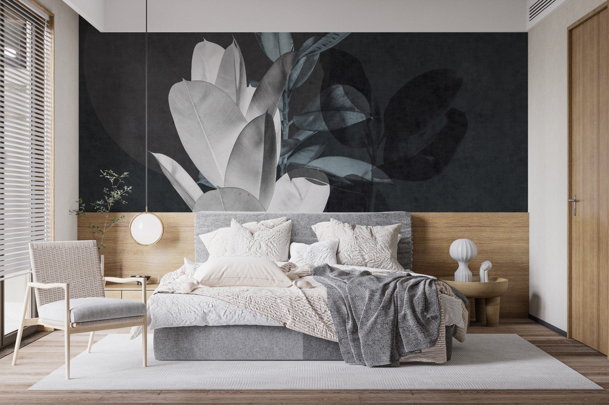 Contemporary bedroom featuring a grey botanical leaf wall mural.