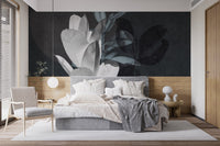 Contemporary bedroom featuring a grey botanical leaf wall mural.