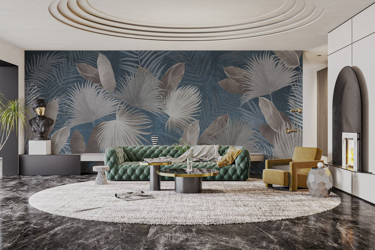 Artistic palm frond wallpaper mural with textured blue background.